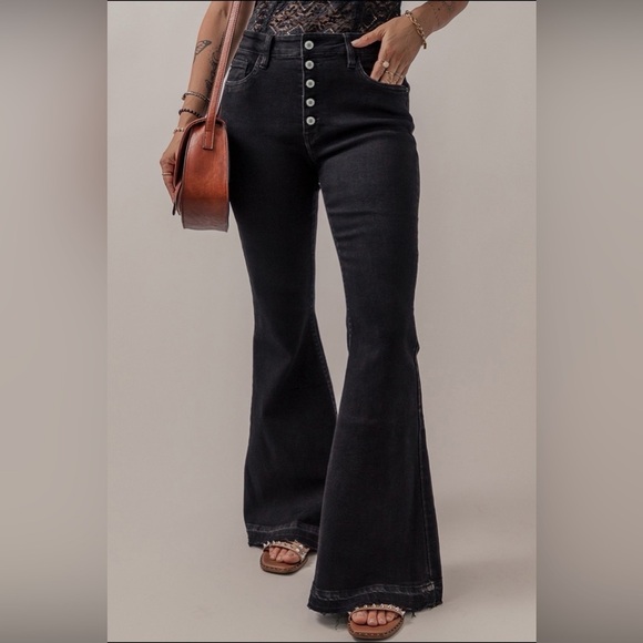 Black Button Front High Waist Flares - Picture 1 of 6